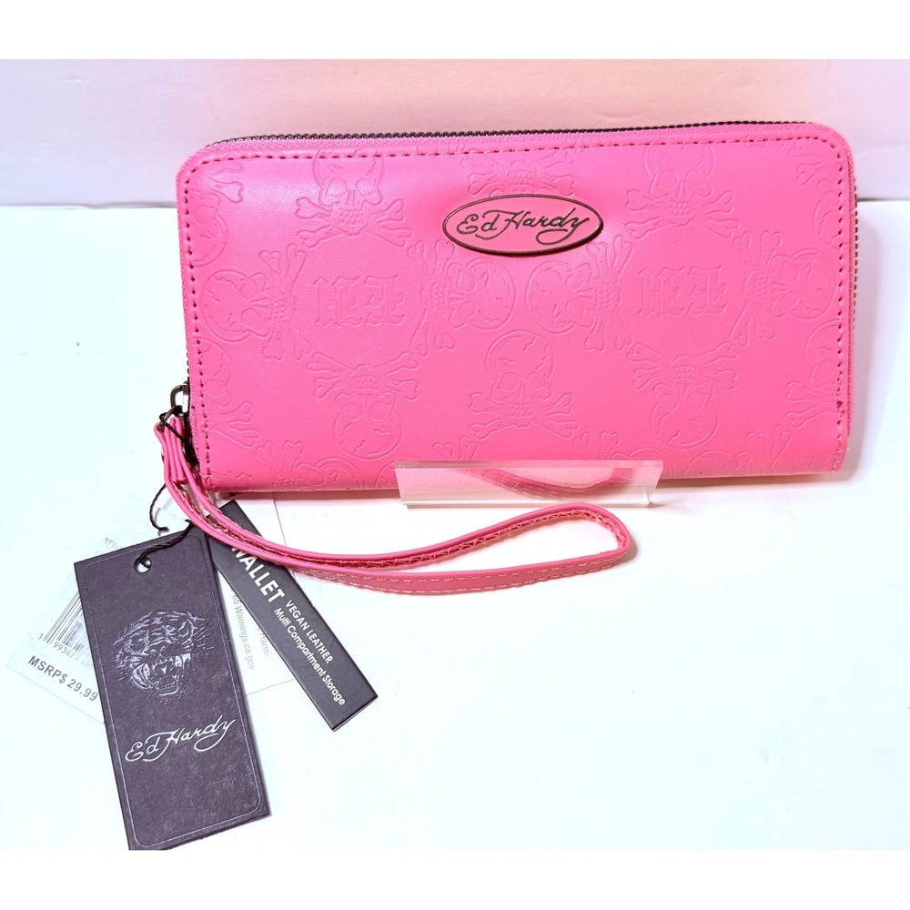 Ed Hardy Pink Vegan Leather Skull Embossed Zip Around Wristlet Wallet NWT